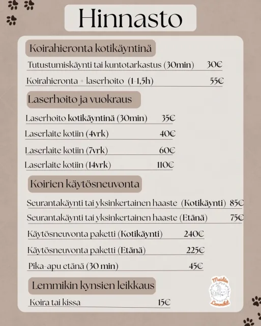 🐾PALVELUVALIKOIMA LAAJENEE🐾Koirien käytösneuvojaksi sekä koulutusohjaajaksi valmistumiseni myötä päivitän hinnastoani. Tämän vuoksi käytösneuvonnan hinnat nousevat ja muuttuvat vastaamaan syventynyttä osaamistani✨Samalla palveluvalikoima laajenee ja
uutena palvelumuotona tehokkaampi lääkinnällinen laserhoito sekä mahdollisuus vuokrata laserlaite omaan kotiin🐾Lisätietoja palveluista löydät www.meidanlemmikit.fiOn ilo saada parantaa lemmikkien hyvinvointia entistä tehokkaammilla tavoilla🧡#tampere #koirahieronta #kissahieronta #koirienkäytösneuvonta #laserhoito