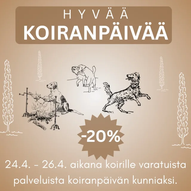 🧡HYVÄÄ KOIRIENPÄIVÄÄ🧡Koiranpäivän kunniaksi kaikki palvelut ovat -20% alennuksessa koirille 24.4. - 26.4. Välisenä aikana🧡Huom! Palvelun ei tarvitse toteutua 24.4. - 26.4. Välisenä aikana vaan riittää, että varaat ajan edellä mainitulla ajankohtana jollekin muulle päivälle🐾”Koska hän tekee sinut onnelliseksi joka päivä – Anna koirallesi siis myös jotain takaisin…Nakkikakku tai hieronta🧡”📲 Varaa aika bion linkistä tai laita sähkopostia osoitteeseen meidanlemmikit@gmail.comHuom! Alennusta ei voi yhdistää muihin tarjouksiin tai lahjakortteihin.#koiranpäivä #eläinlähtöisyys #koirahieronta #koirankäytösneuvonta #laserhoito